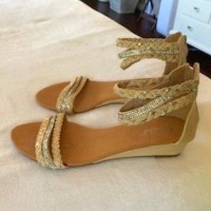 low wedge sandals with ankle straps and bling